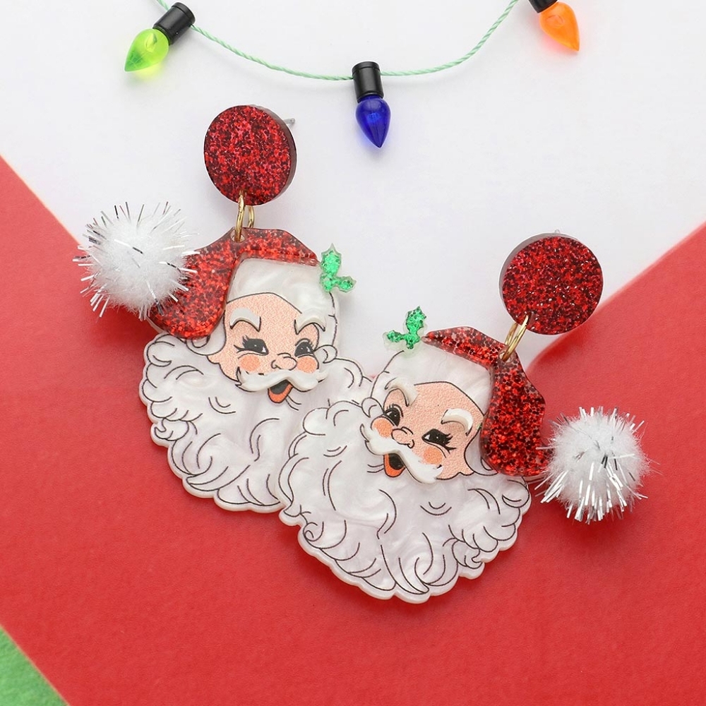 Red Santa Christmas Dangle Earrings Fun Holiday Cute Jewelry Pom Glittered Hat